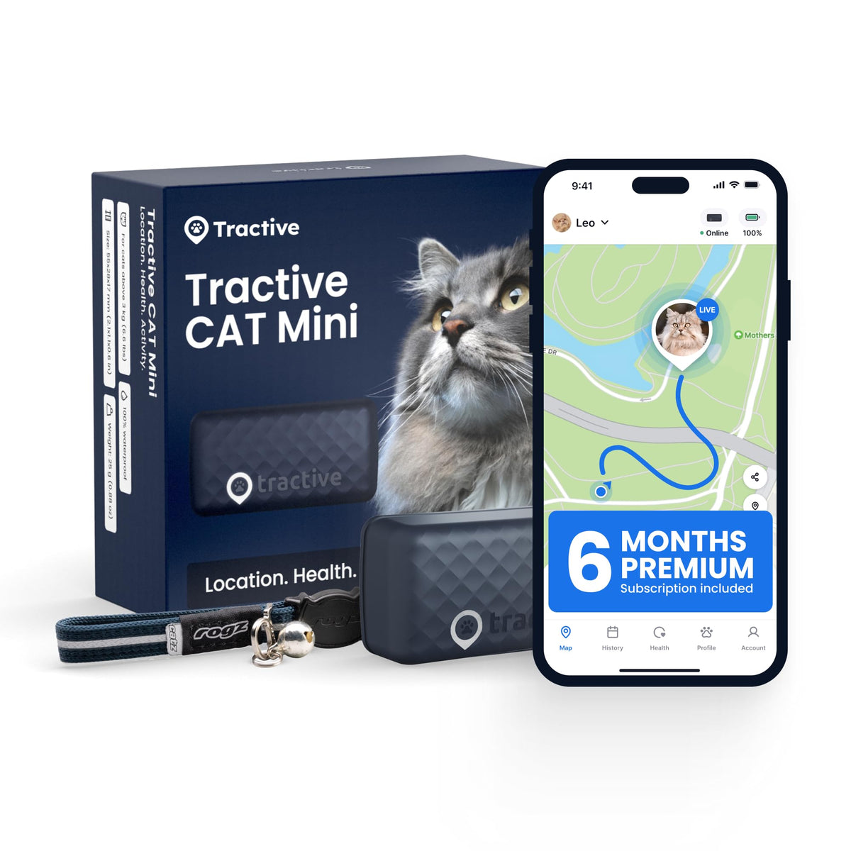 Tractive GPS Tracker on a cat in dark blue with real-time location updates.