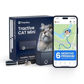 Tractive GPS Tracker on a cat in dark blue with real-time location updates.