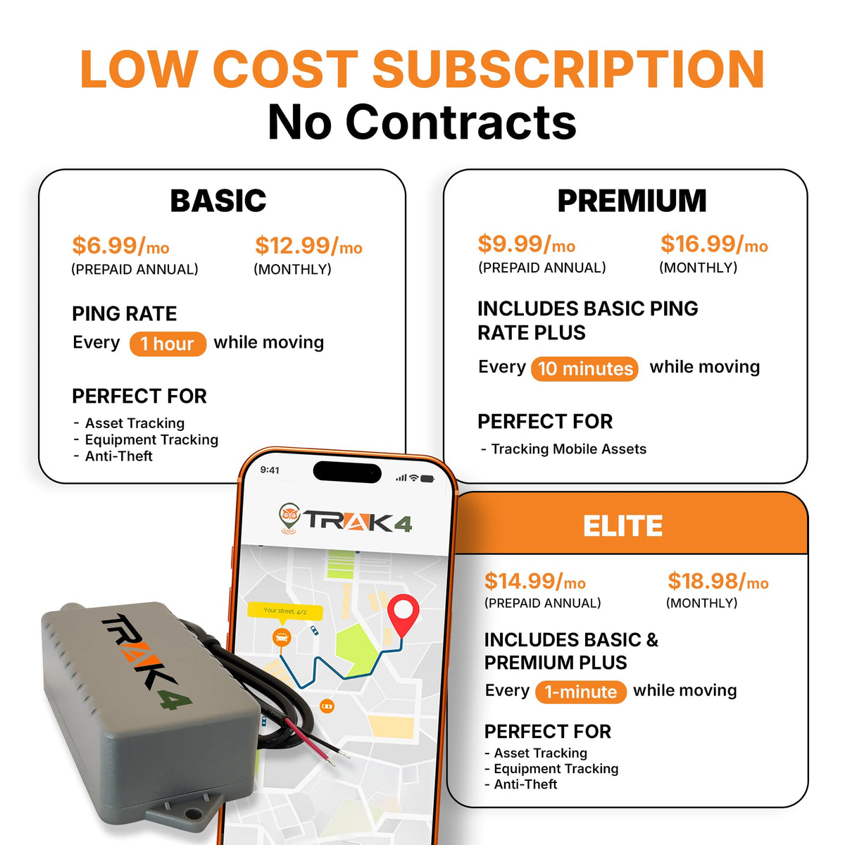 Trak-4 affordable subscription plans starting at $6.99 per month