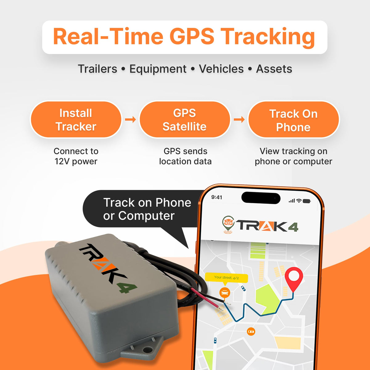 Trak-4 global coverage map illustrating worldwide tracking capability with 4G LTE and GPS.