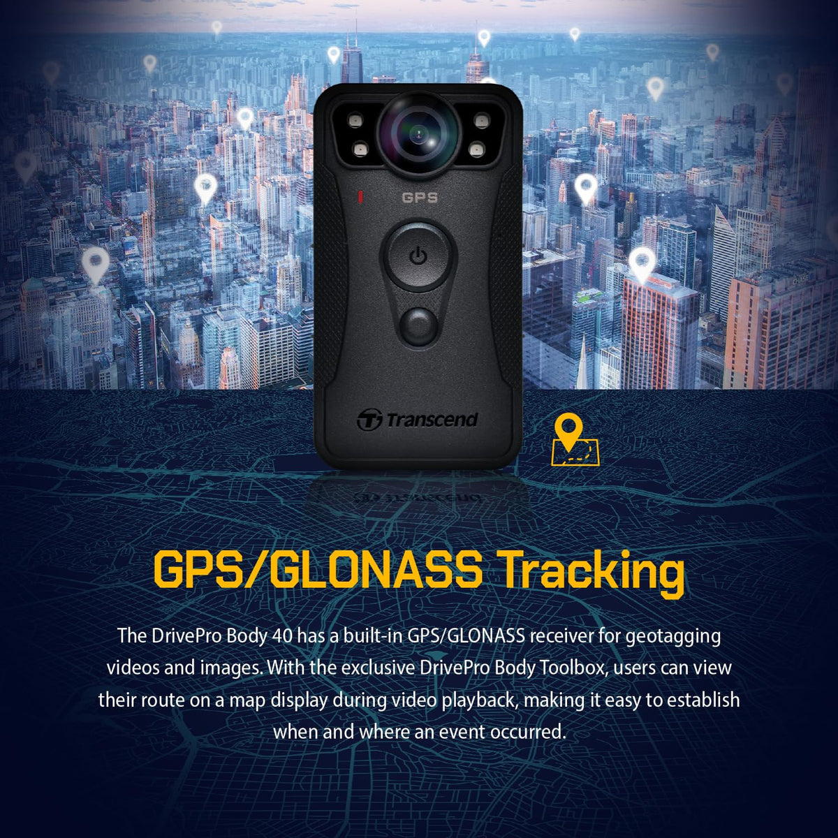 Transcend DPB40 DrivePro Body Camera battery-life emphasis for long shifts