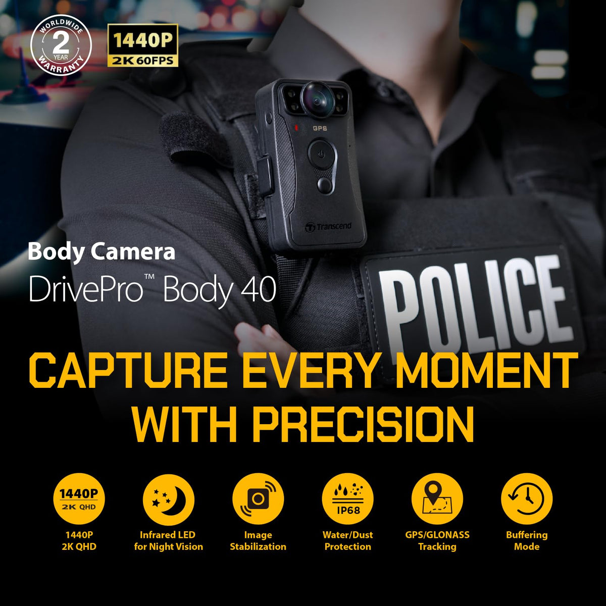Transcend DPB40 DrivePro Body Camera night vision view shows clarity in low light