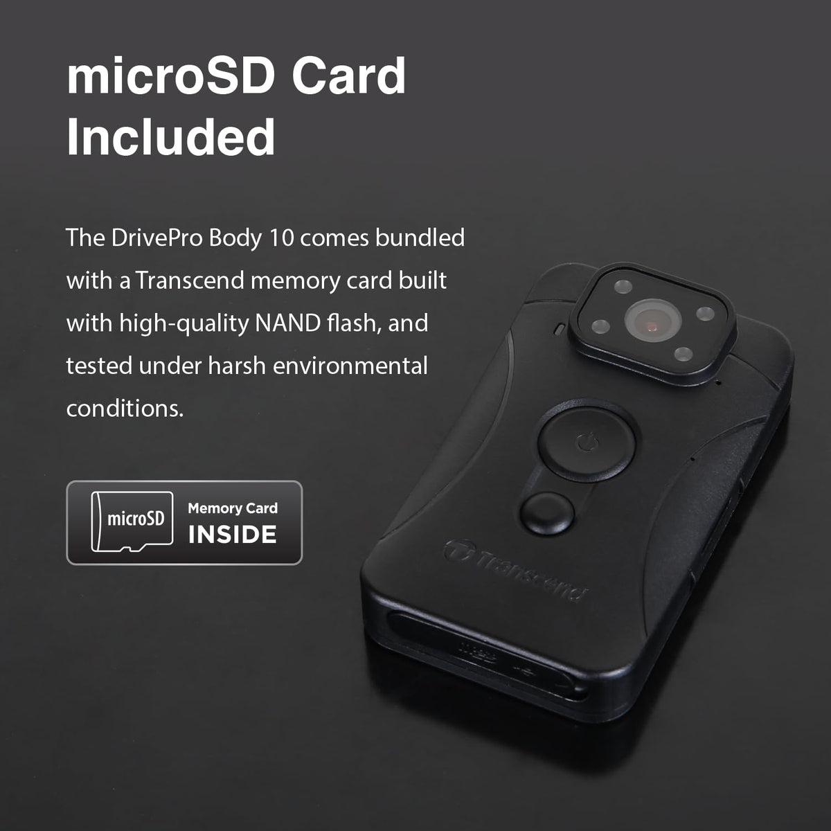 Transcend DrivePro Body 10 quick snapshot button, capture moments during incidents.