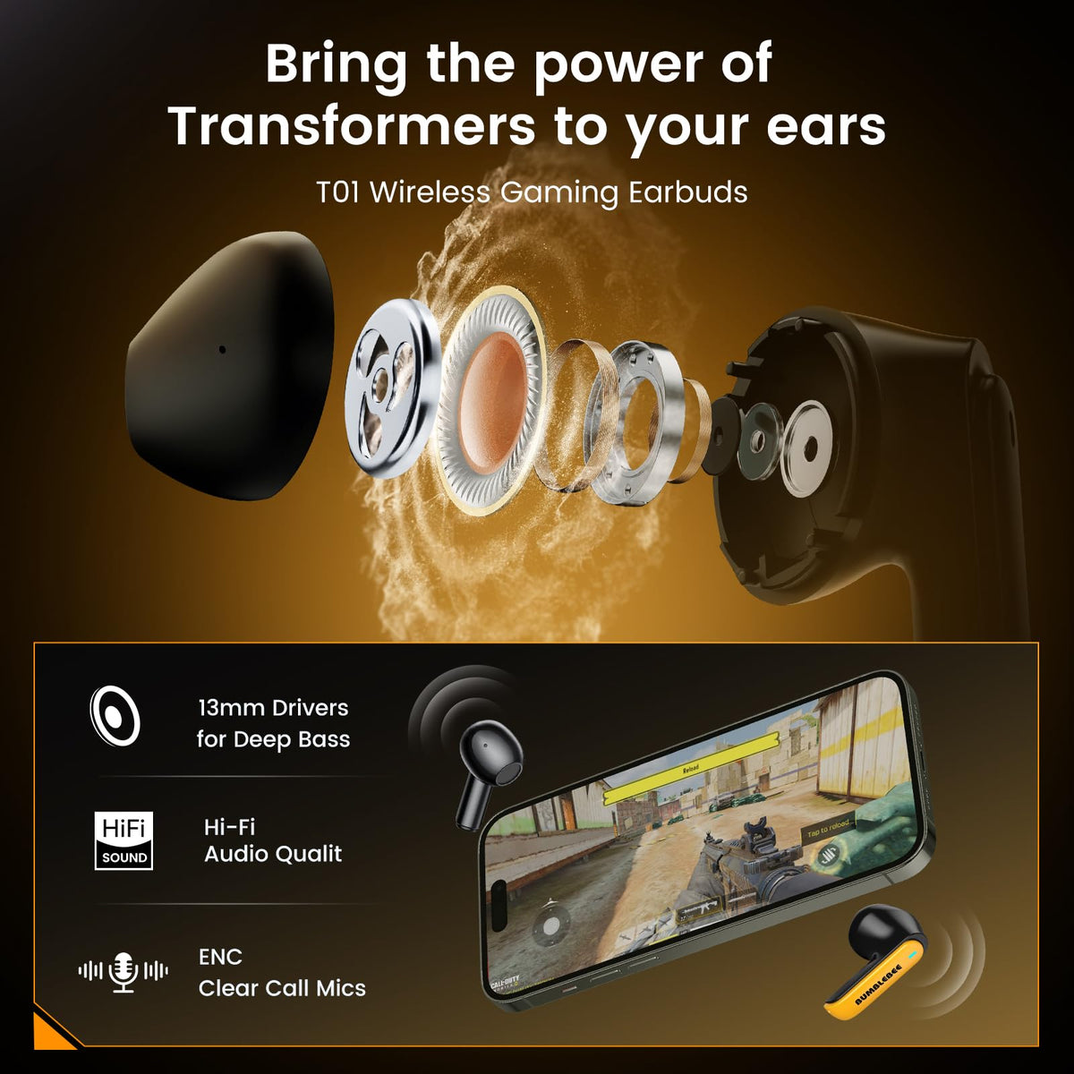 Transformers Bumblebee earbuds in charging case quick Bluetooth pairing.