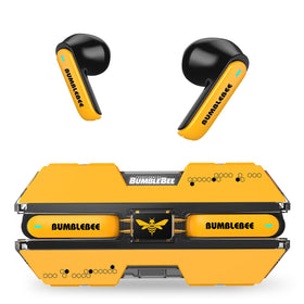 Transformers Bumblebee earbuds in case front view highlighting durable alloy build.
