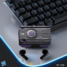 Transformers T76 charging case open with earbuds inside, highlighting fast USB-C charging benefit