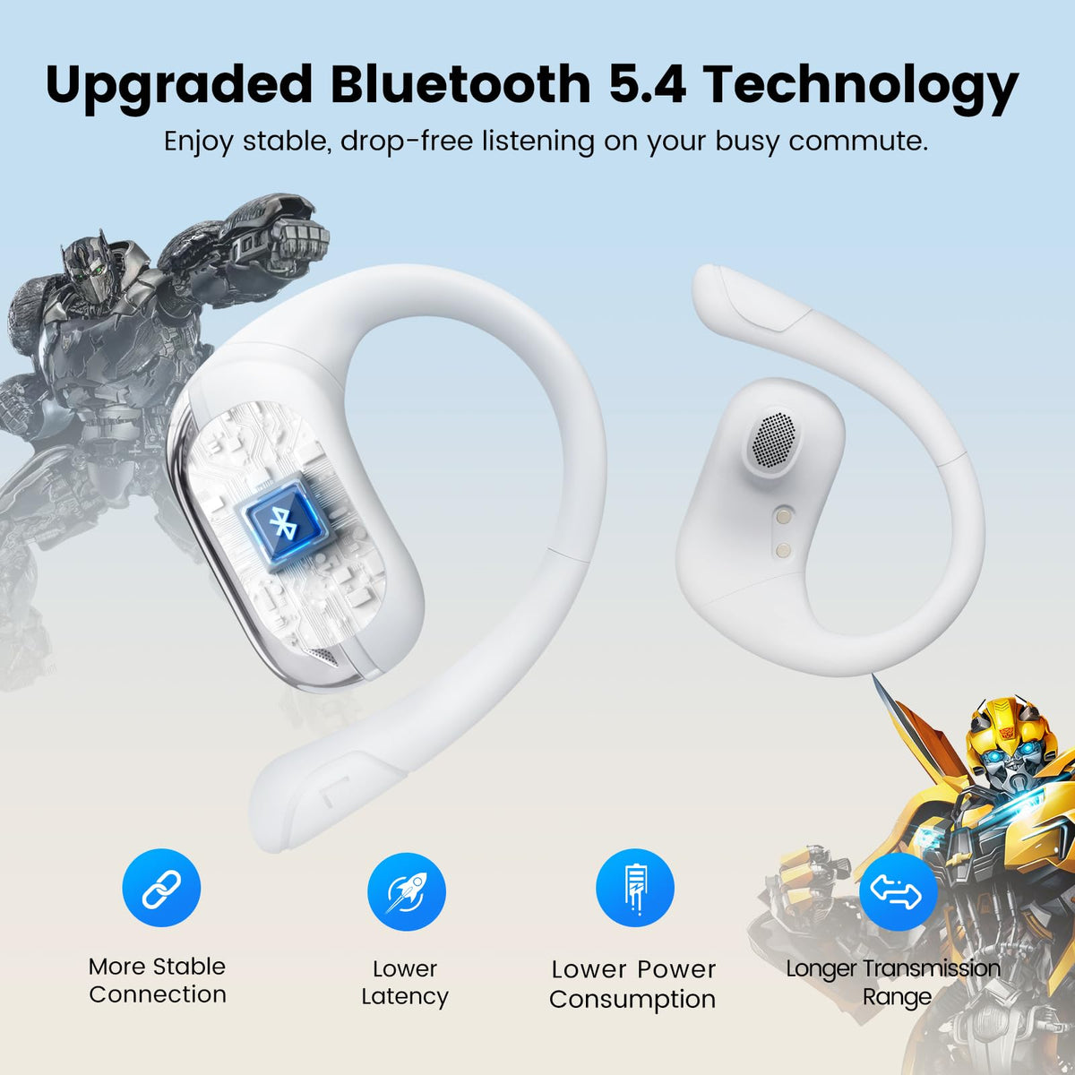 Transformers Open Ear Headphones with IPX5 protection for workouts in sweat and rain