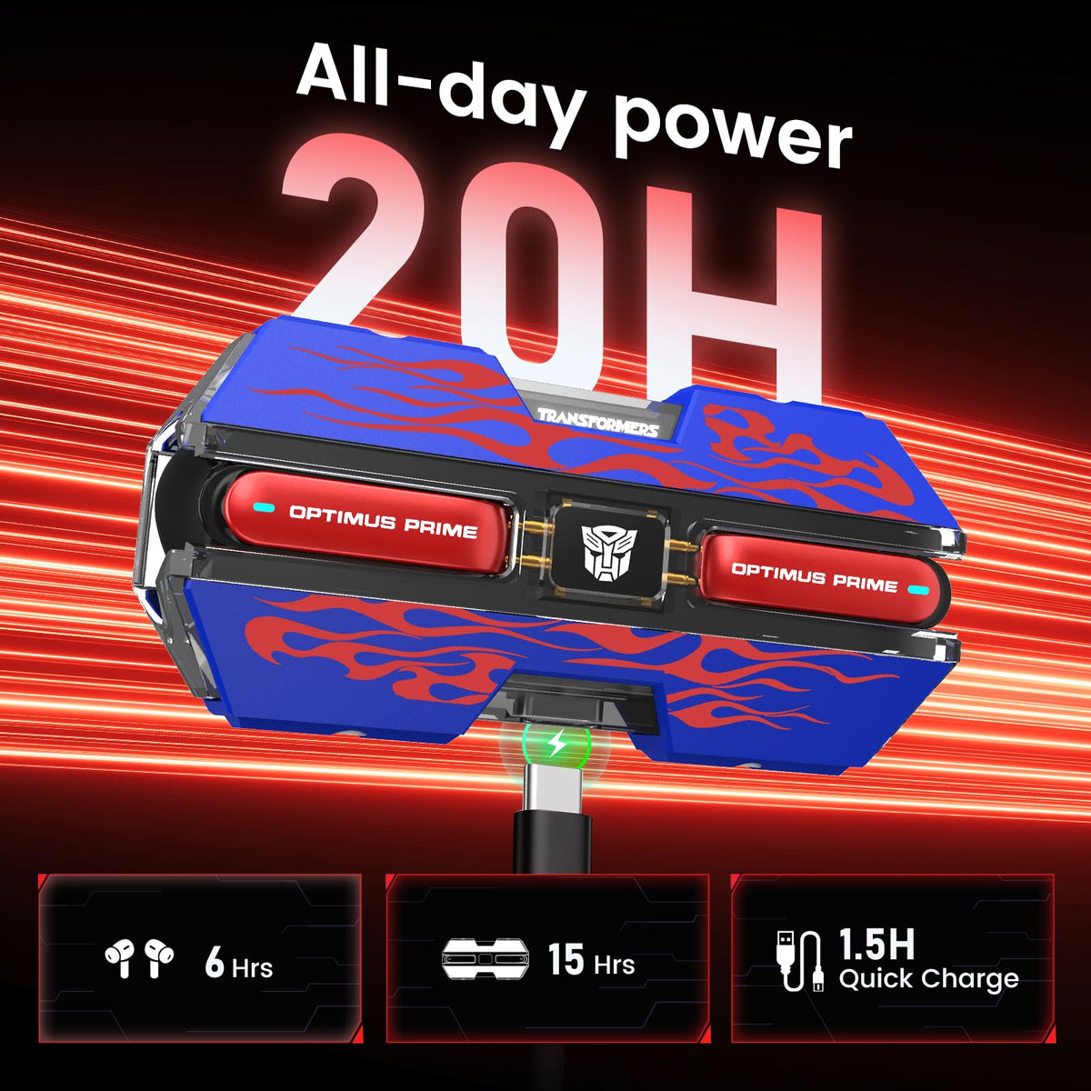 Optimus Prime earbuds touch controls for quick playback and calls