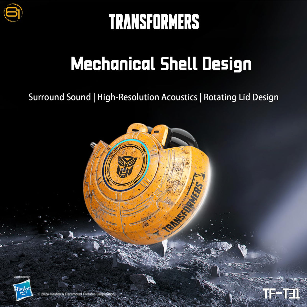 Transformers TF-T31 charging case open with LED display showing battery status.