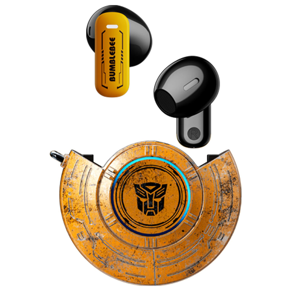 Transformers TF-T31 earbuds front view with mechanical shell for bold gaming aesthetics.