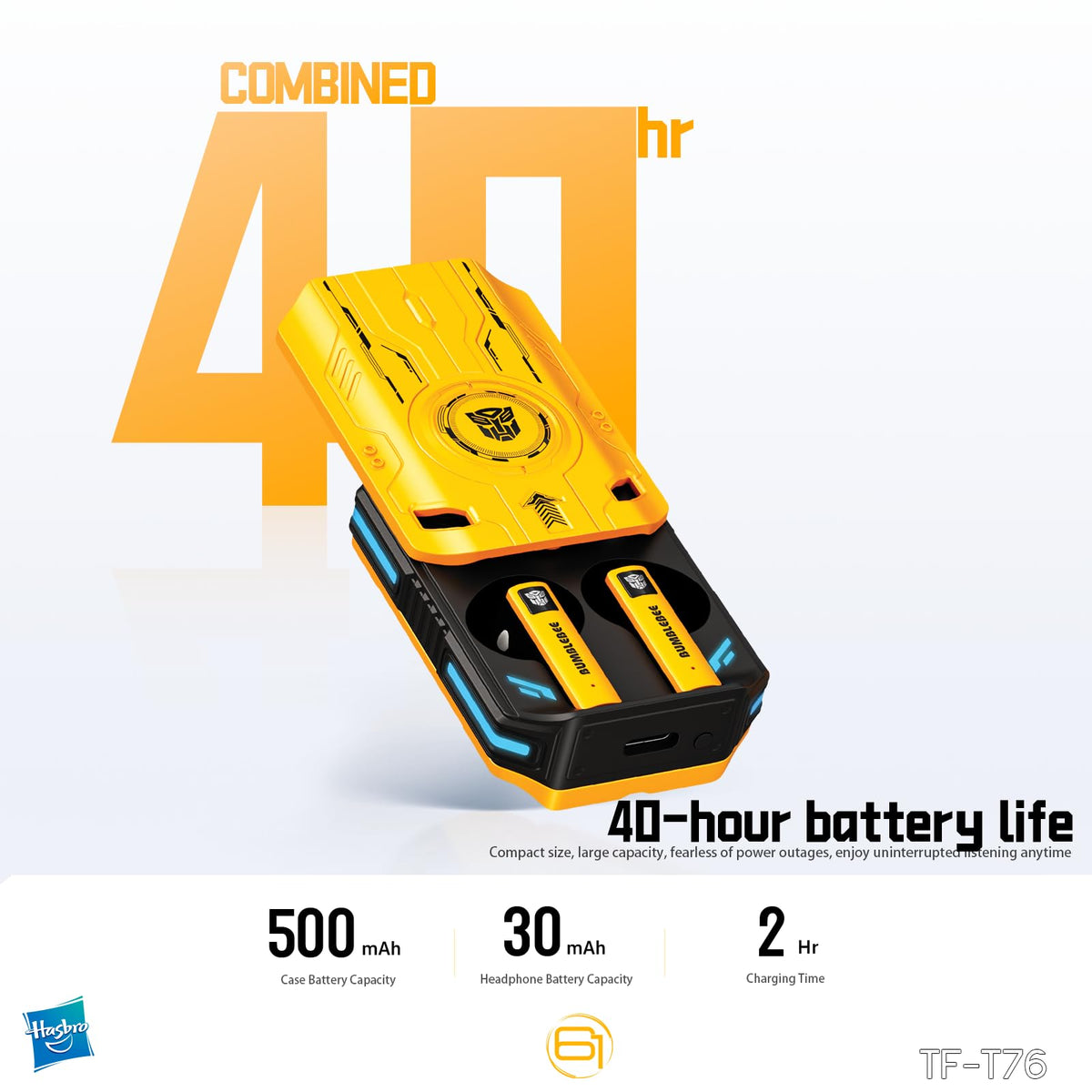 Transformers T76 case in Bumblebee Yellow resting for easy charging.