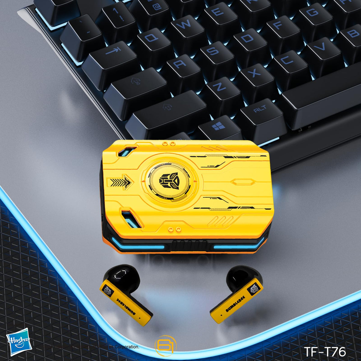 Transformers T76 earbuds in ear, secure and comfortable fit.