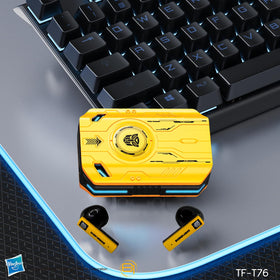 Transformers T76 earbuds in ear, secure and comfortable fit.