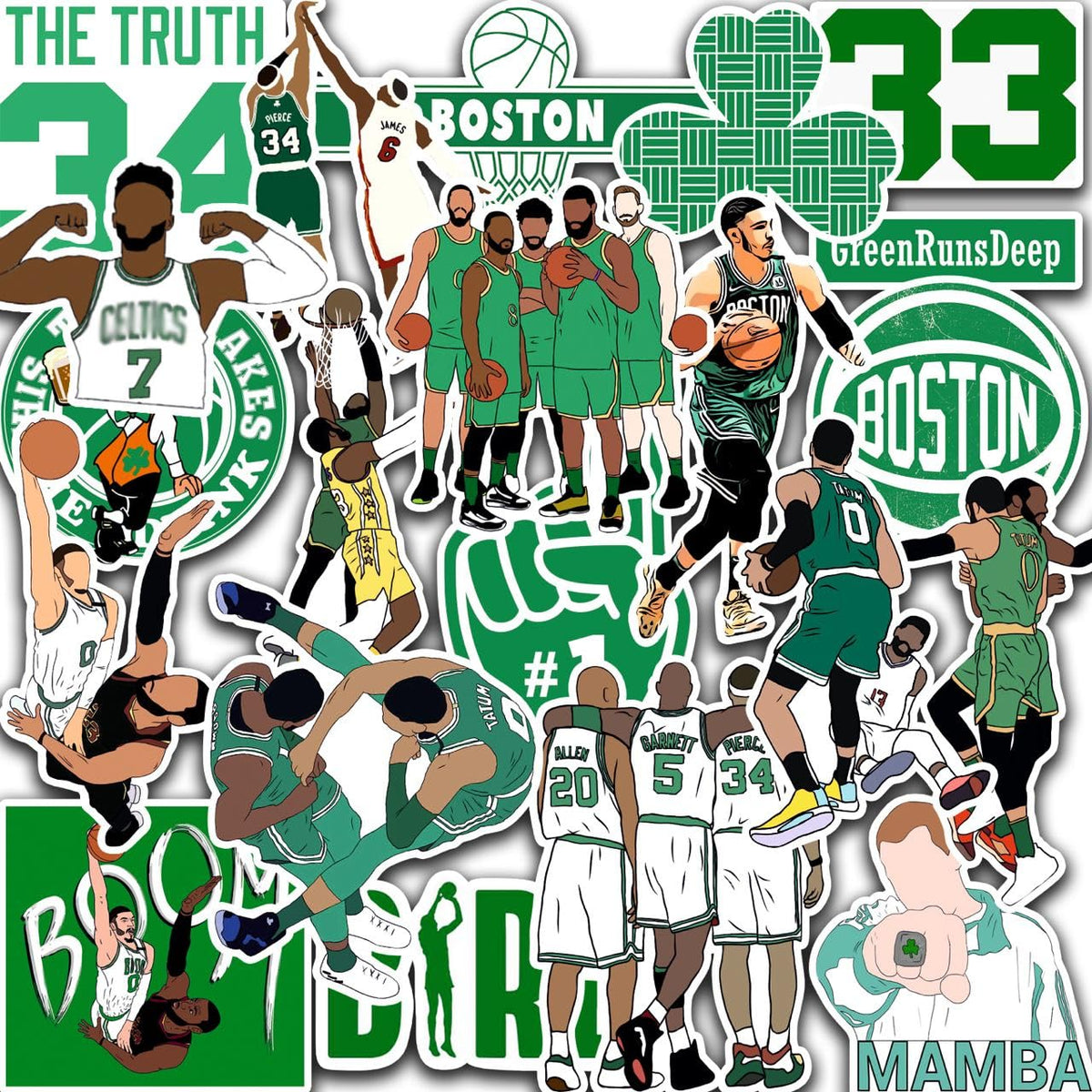 Transmeridian Traveler Boston Celtics stickers pack for laptops and water bottles, durable and vibrant.