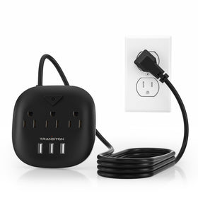 TRANSTON power strip front view with outlets and USB ports for versatile charging.