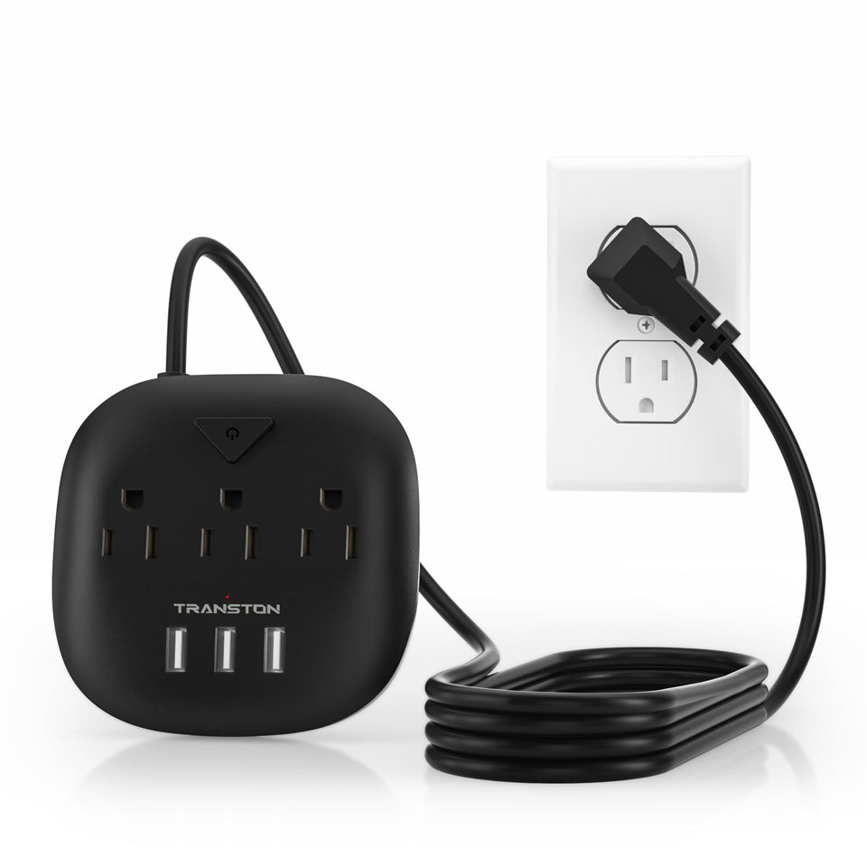TRANSTON power strip front view with outlets and USB ports for versatile charging.
