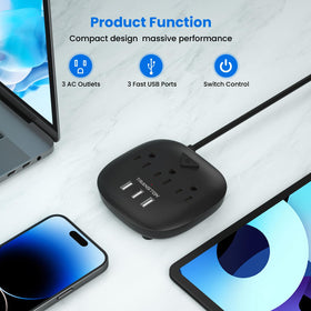 TRANSTON power strip with 5-ft extension cord keeps devices within reach.