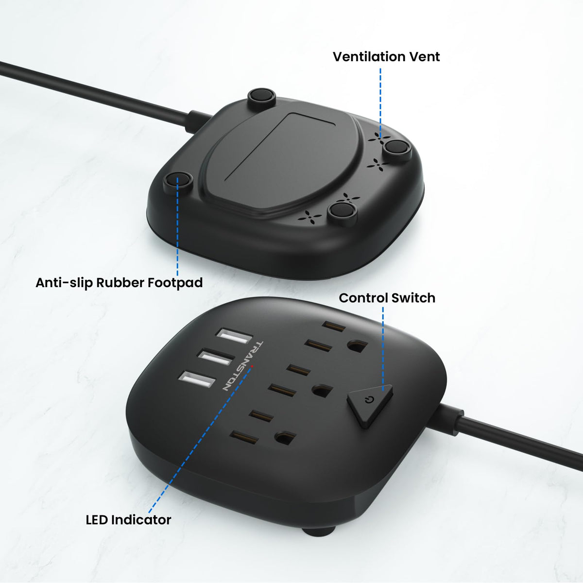 TRANSTON compact power strip shown on nightstand beside lamp.