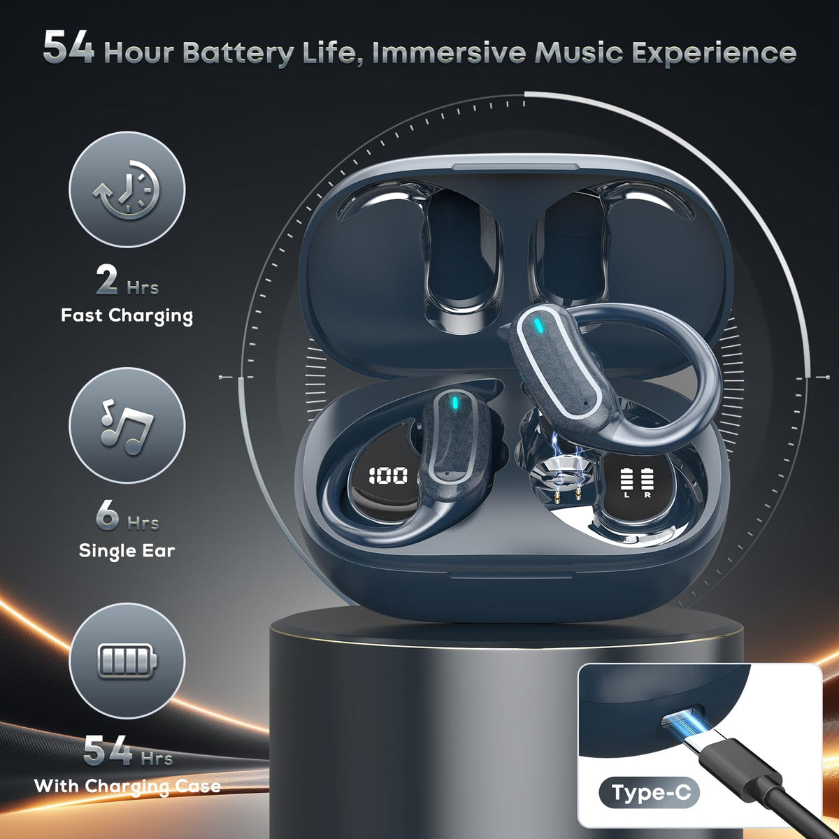 TRAUSI i27 charging case open with earbuds showing long battery