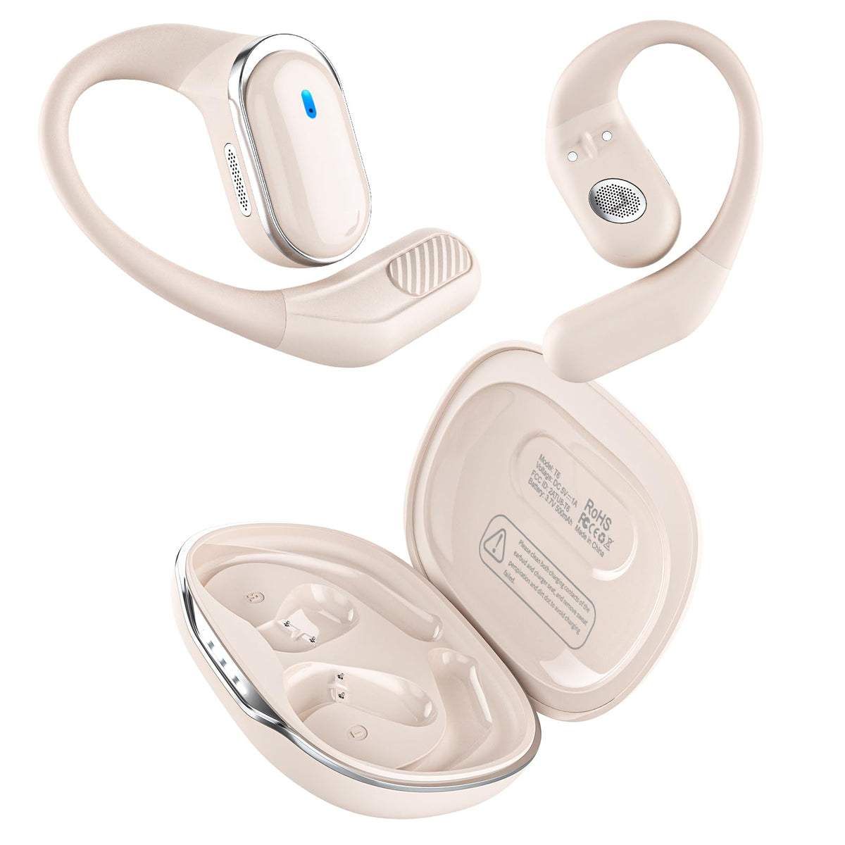 TRAUSI Open Ear Buds with charging case for convenient on-the-go listening.