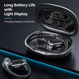 TRAUSI open-ear earbuds charging case extending listening sessions.