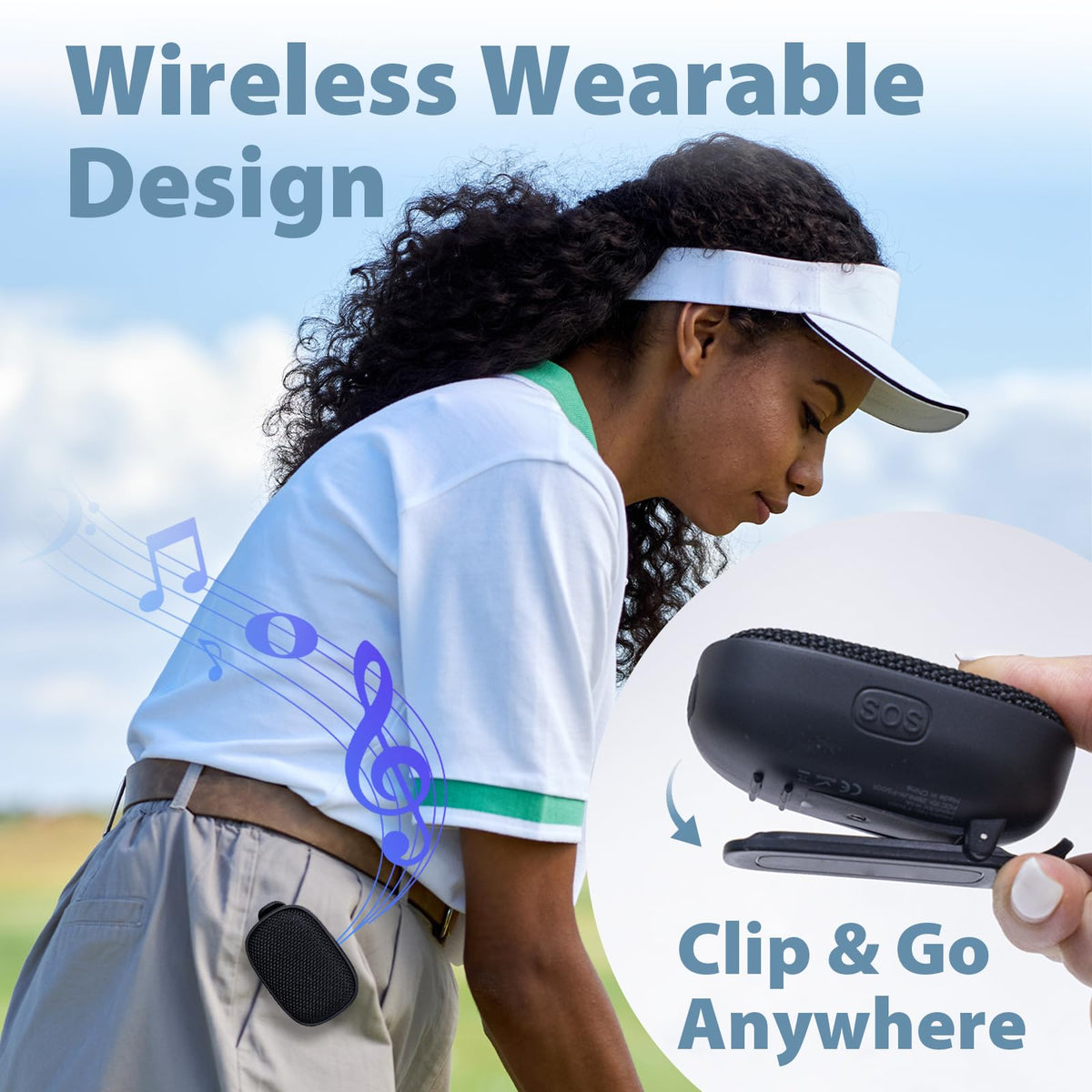 Travel Depot waterproof clip-on speaker resists sweat and rain for outdoor use.