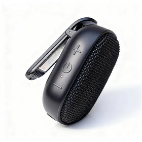 Travel Depot wearable Bluetooth speaker clipped to a belt for hands-free listening.
