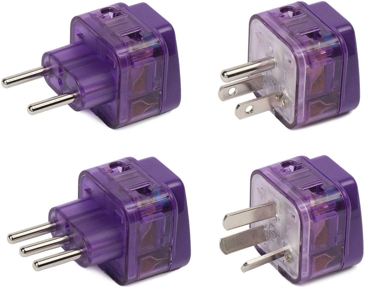TRAVEL READY front view showing four purple adapters and country labels for easy selection