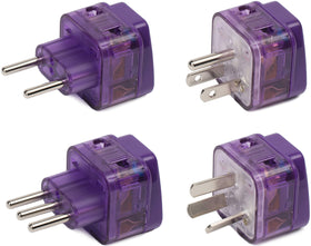 TRAVEL READY front view showing four purple adapters and country labels for easy selection
