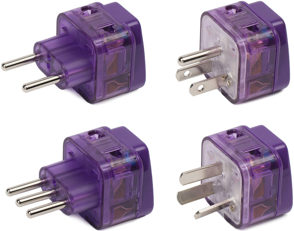 TRAVEL READY front view showing four purple adapters and country labels for easy selection