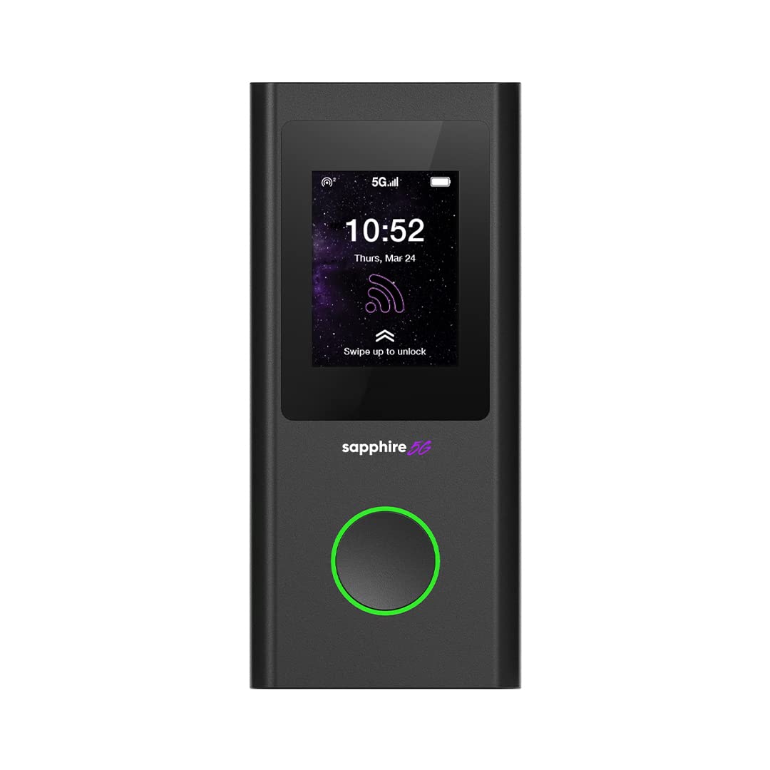 TravelWiFi Sapphire 5G front view, compact hotspot ready for travel.