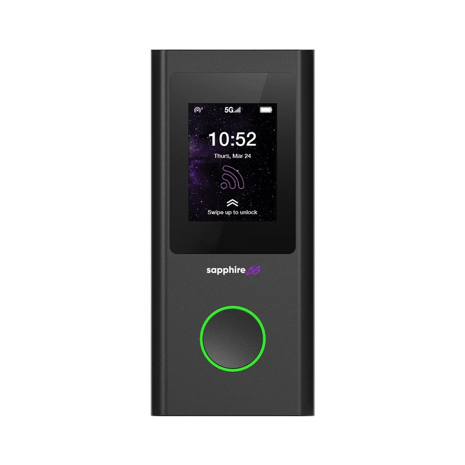TravelWiFi Sapphire 5G front view, compact hotspot ready for travel.