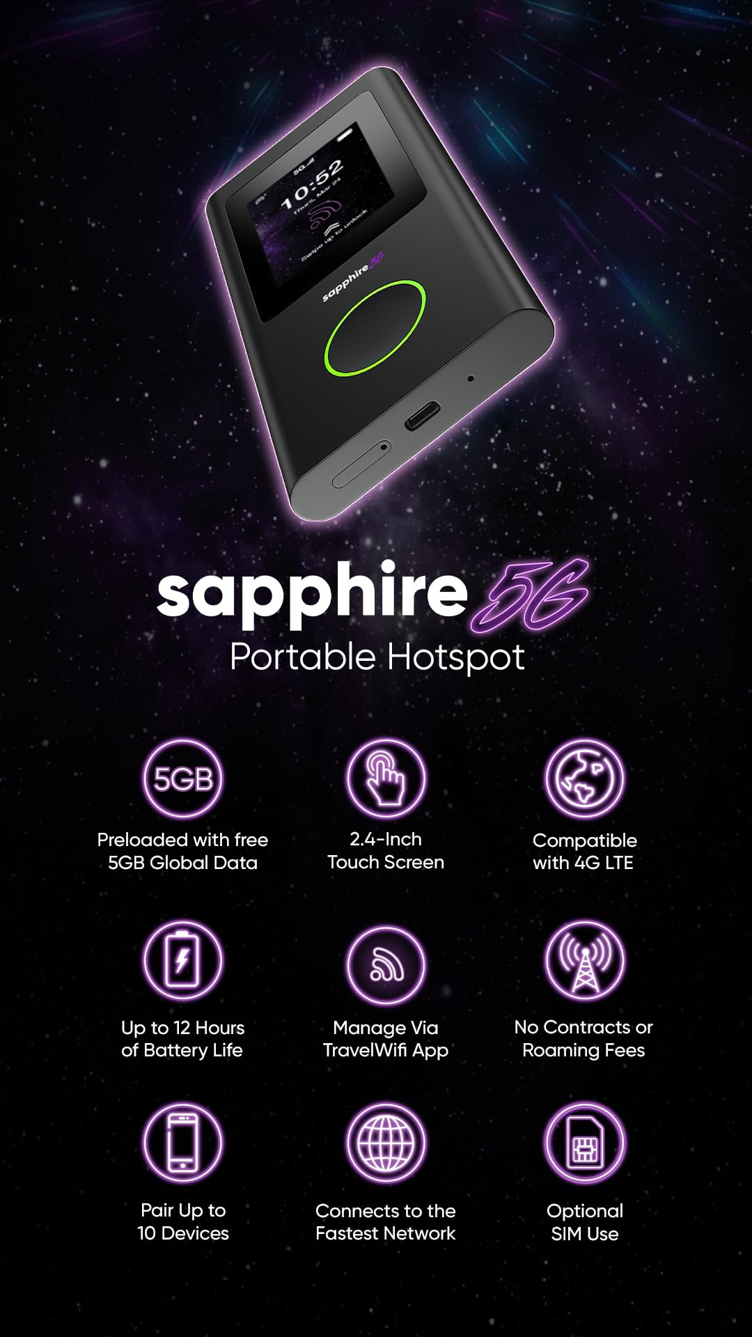 TravelWiFi Sapphire 5G global data preloaded, ready for adventures.