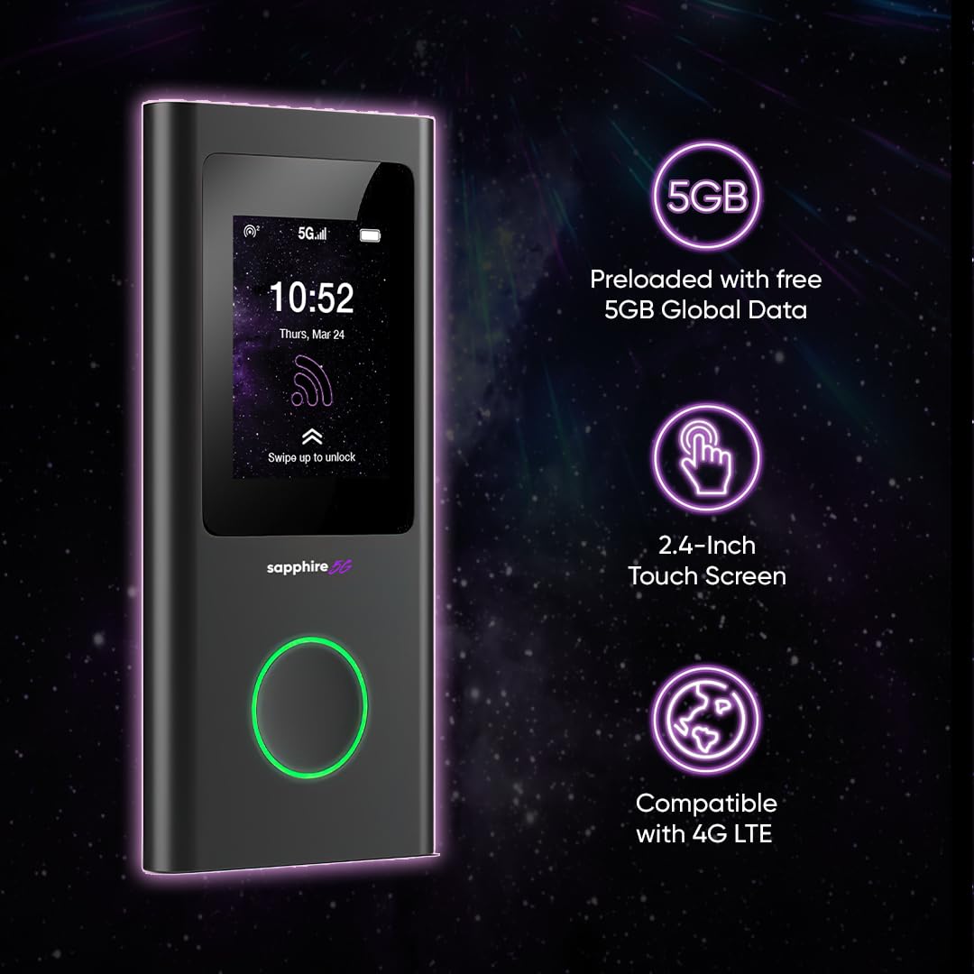 TravelWiFi Sapphire 5G touchscreen in use, easy on-device controls.