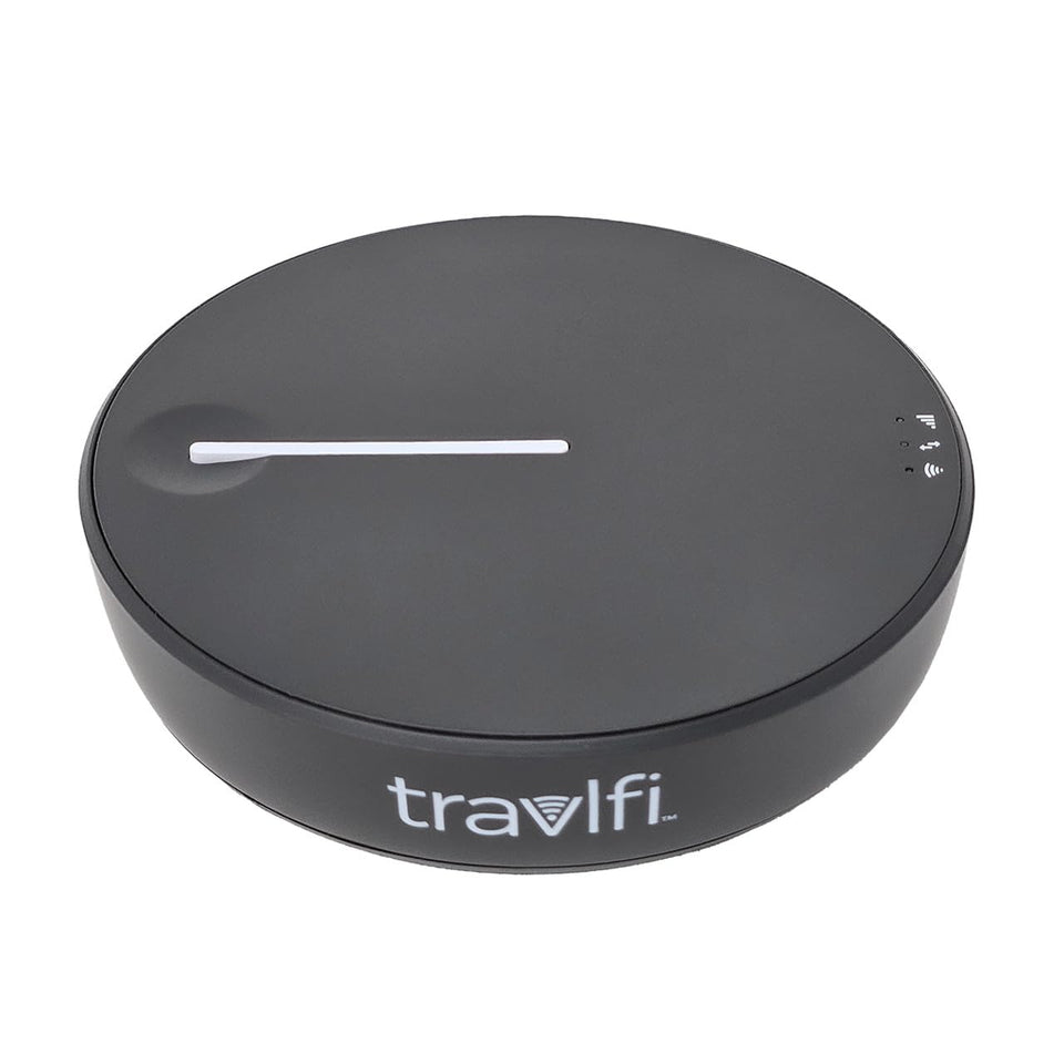 TravlFi JourneyGo LTE Hotspot front view showing compact portability and quick setup.