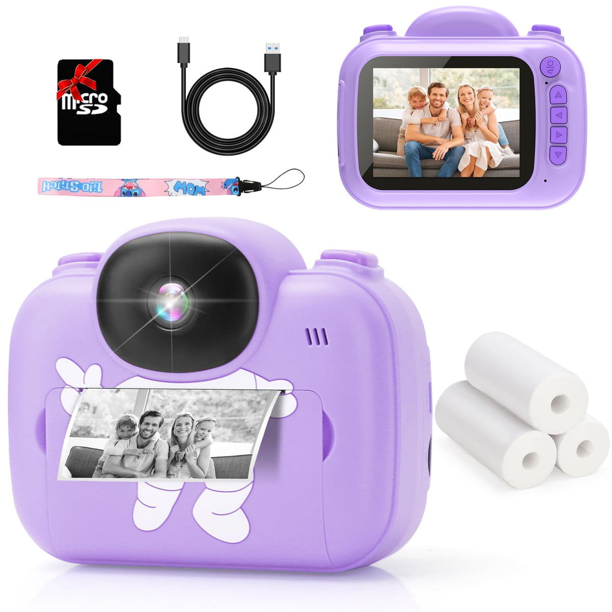 Trayoo front view purple camera showing buttons and screen, easy-to-use for kids