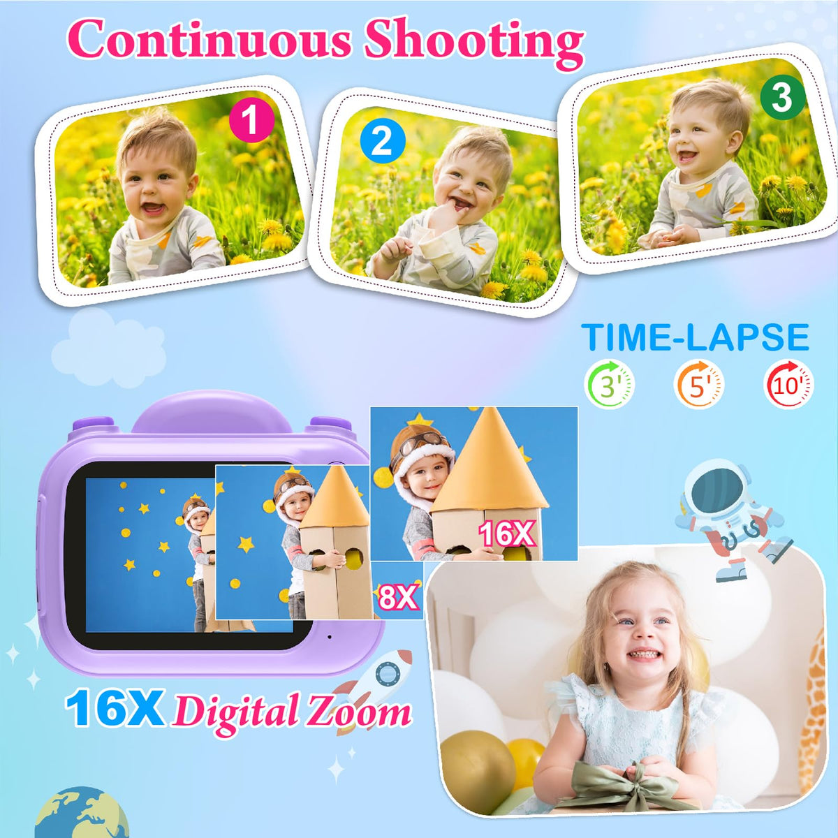 Child holding Trayoo camera taking a picture, Trayoo promotes independent play