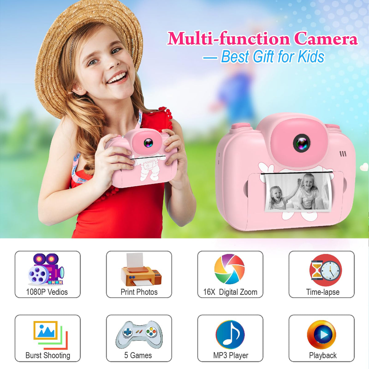 Trayoo kids camera back pink with simple controls for quick shots.