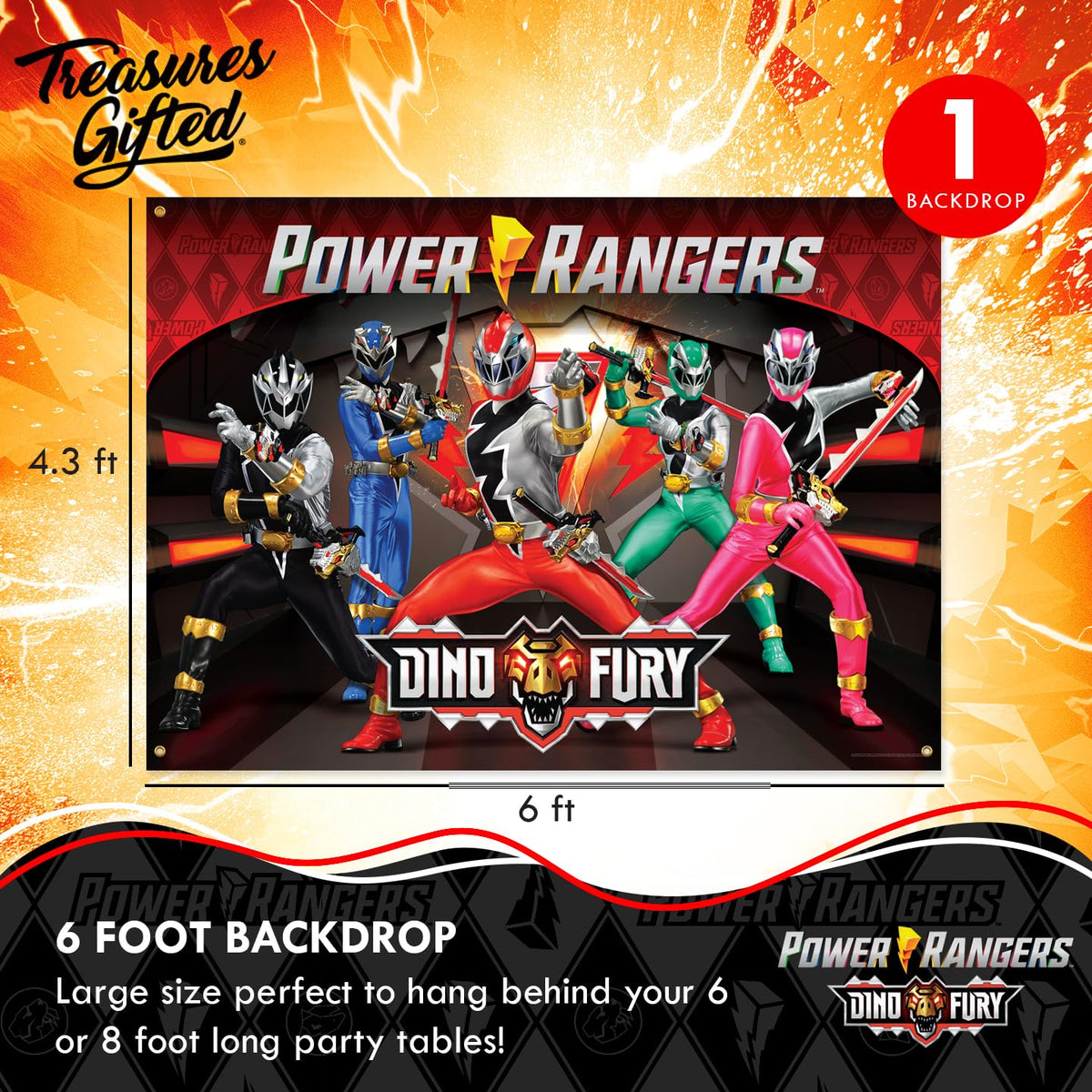 Treasures Gifted Power Rangers backdrop dino fury design ideal for action-packed photo moments.