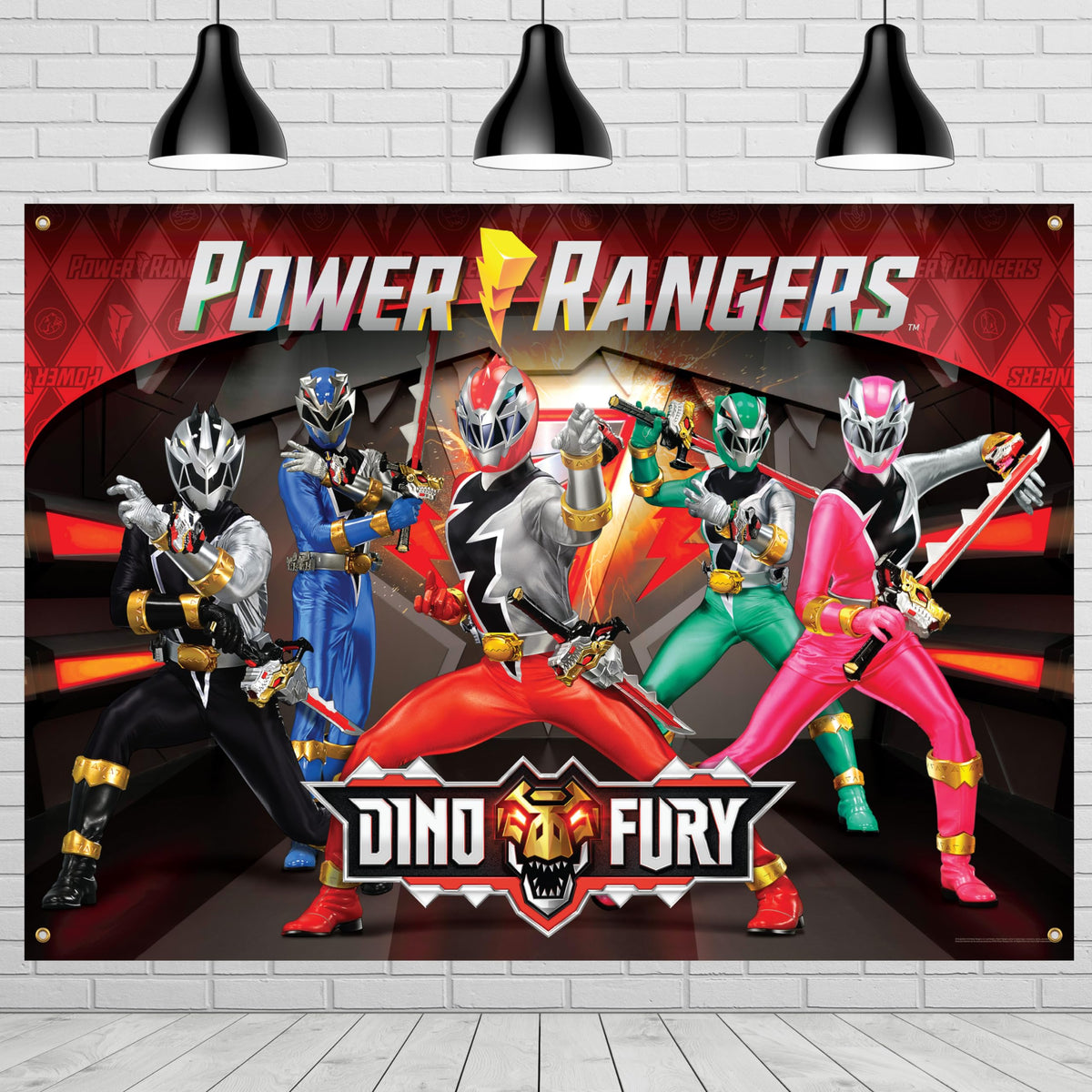 Treasures Gifted Power Rangers backdrop fabric banner enhances party photos with easy setup.