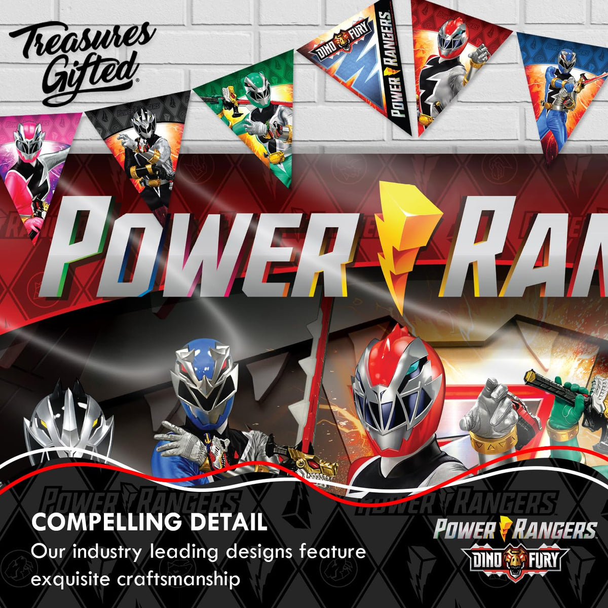 Treasures Gifted Power Rangers backdrop party decor setup simplifies hanging with string or hooks.
