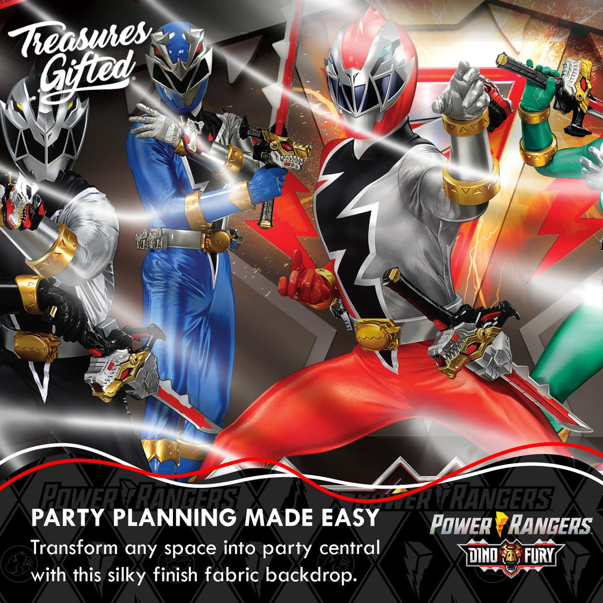 Treasures Gifted Power Rangers backdrop reusable fabric keeps parties ready for future play.