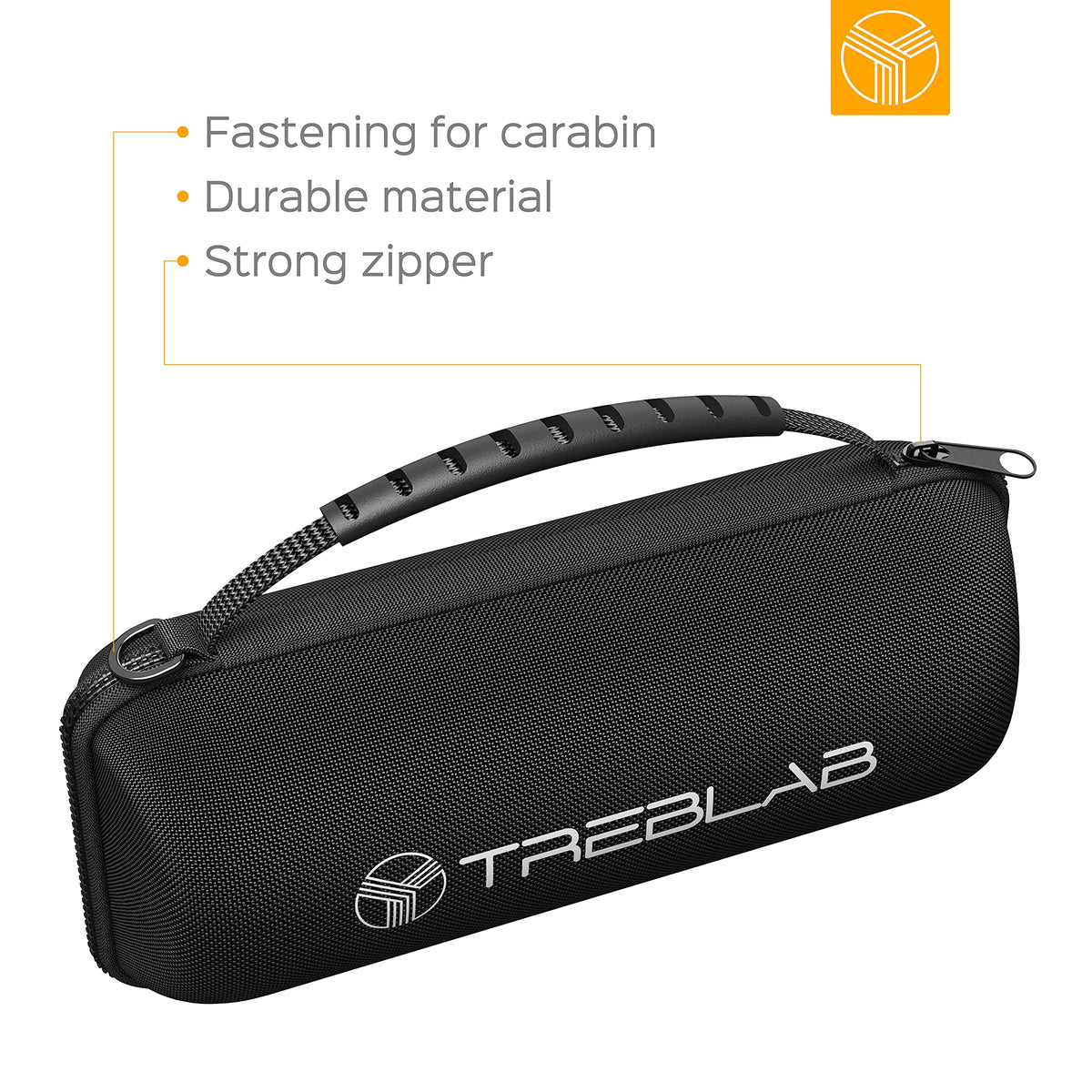 TREBLAB CB-77 carabiner and strap attached to case for hands-free carrying convenience