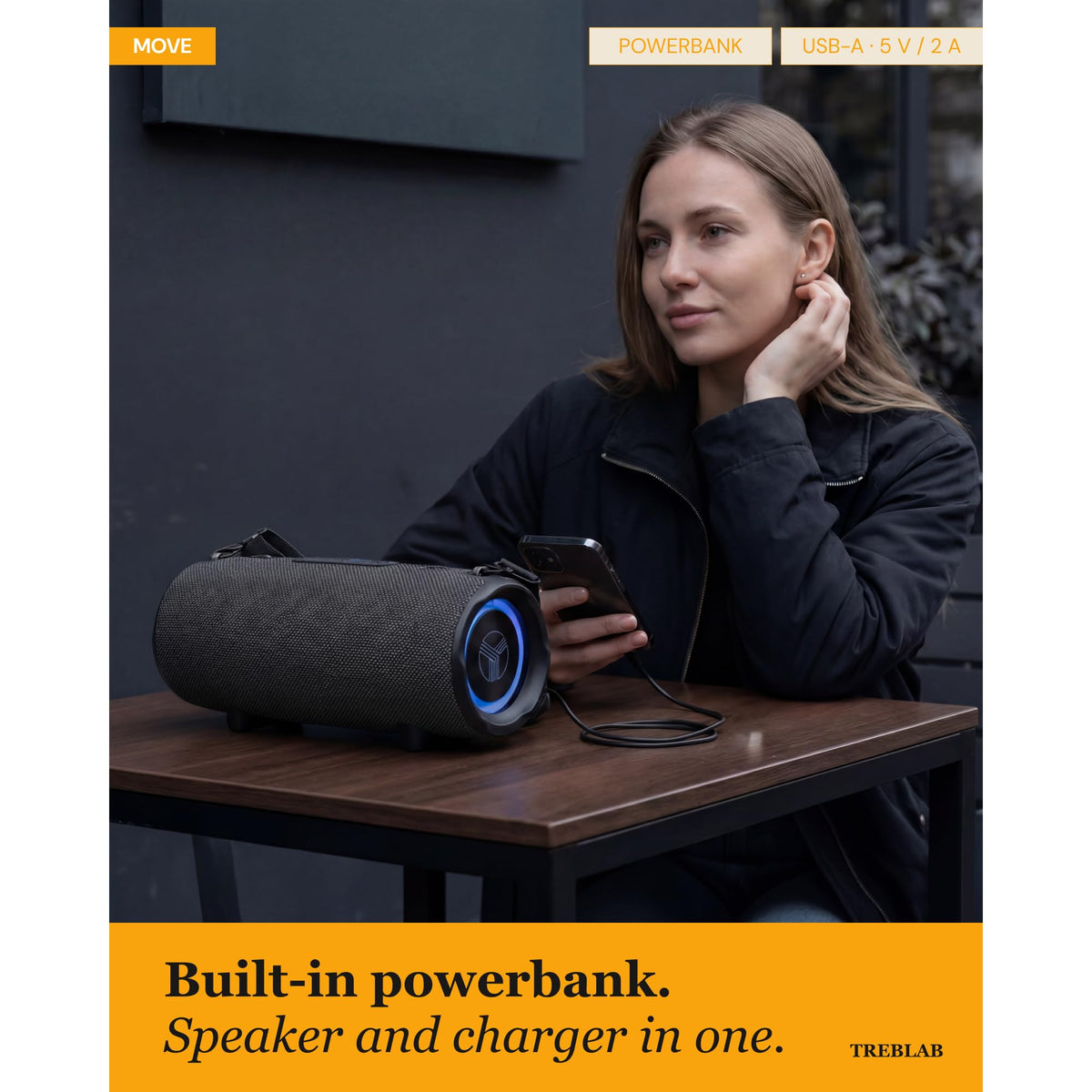 TREBLAB HD-Max USB-C charging option shown