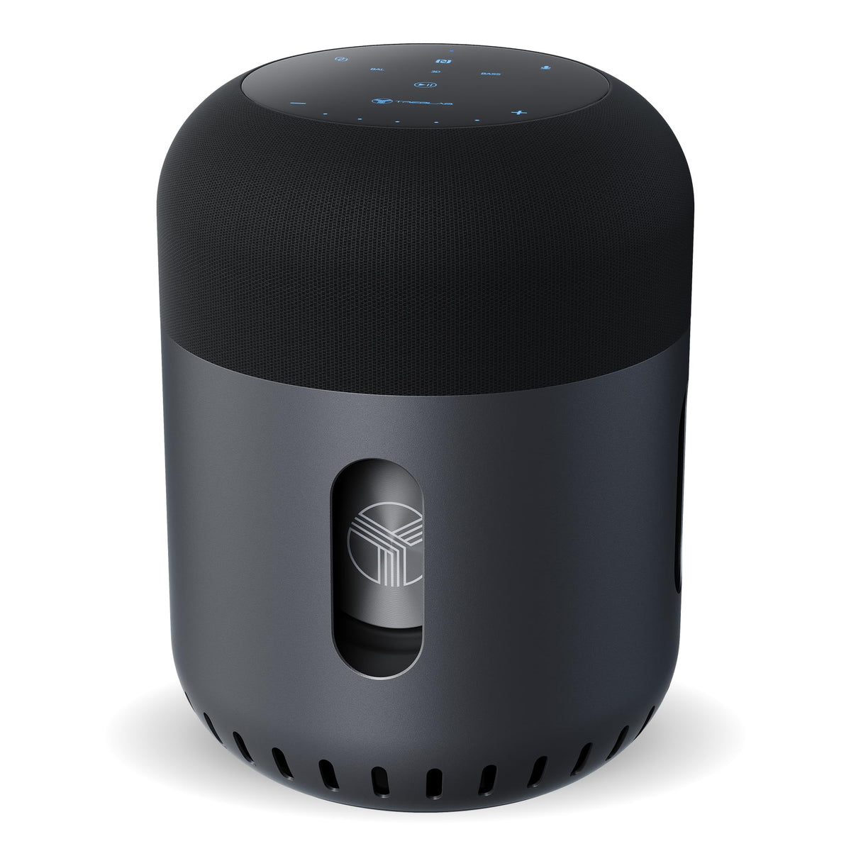TREBLAB HD-360 Pro front view showing cylindrical 360° speakers and benefit of even coverage