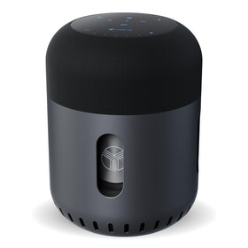 TREBLAB HD-360 Pro front view showing cylindrical 360° speakers and benefit of even coverage