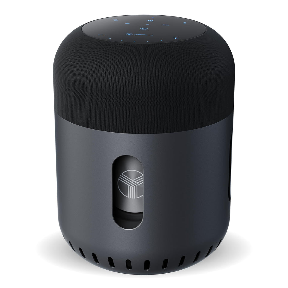 TREBLAB HD-360 Pro front view showing cylindrical 360° speakers and benefit of even coverage