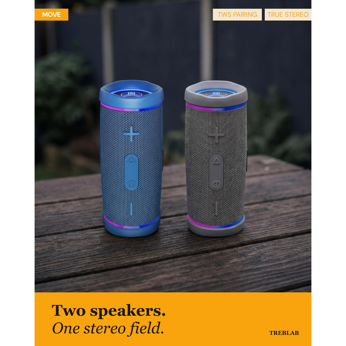 TREBLAB HD77 rugged outdoor-ready speaker for camping and travel.