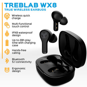 Open charging case with WX8 earbuds ready for quick pairing.
