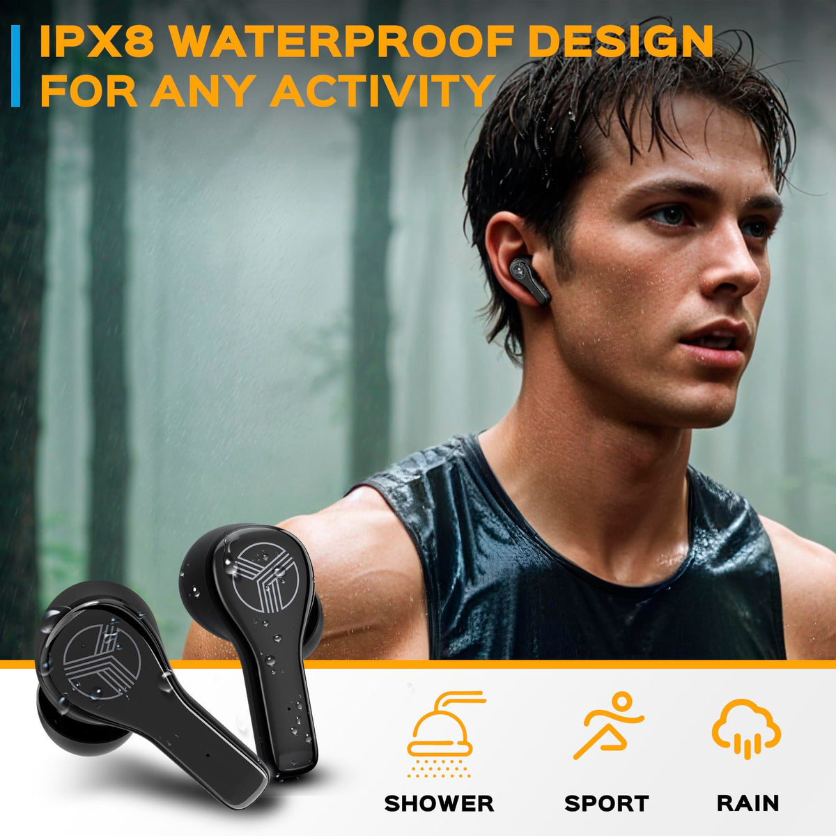 TREBLAB WX8 IPX8 waterproof design for rain and workouts.